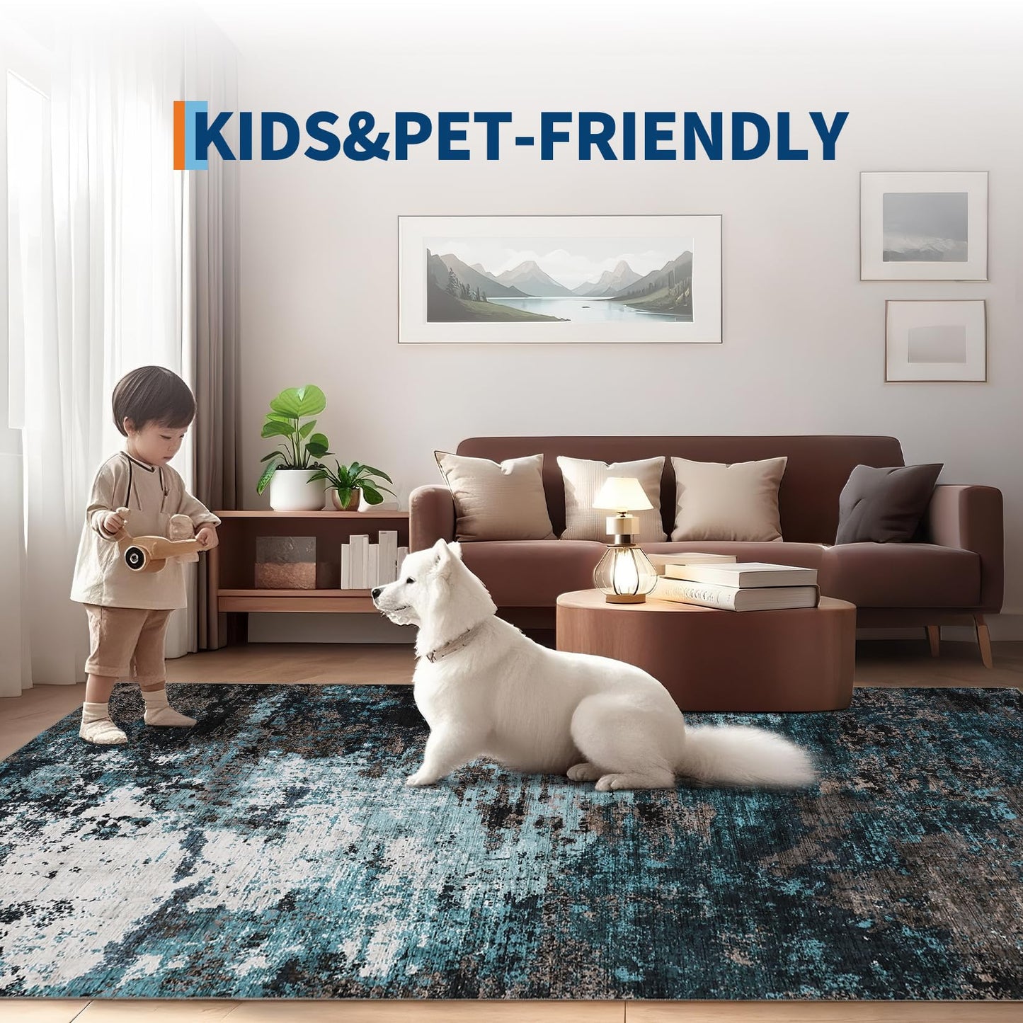 GarveeHome Washable Area Rugs 2x6 Non-Slip Abstract Runner Rugs, Ultra-Soft Low Pile Floor Cover, Stain Resistant Contemporary Indoor Floor Carpet for Hallway, Bedroom, Laundry, Blue Green