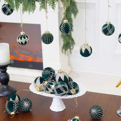 4inch Velvet Ornaments for Christmas Tree, 9PCS Glitter Flocked Christmas Ornaments Decorations Balls Set Decor Green