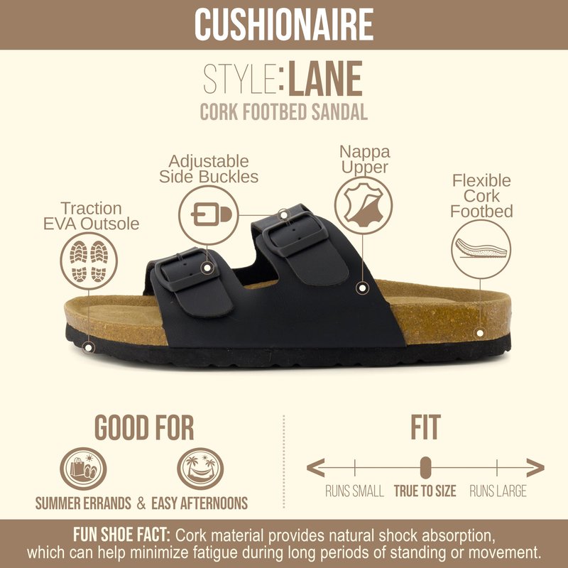 CUSHIONAIRE Lane Cork Footbed Womens Sandals Comfortable Double Buckle Slip On Sandals for Women with Arch Support and Classic Two Strap Design