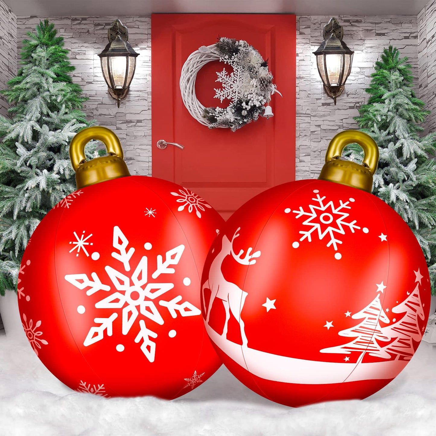 2 Pieces 32 Inch Giant PVC Inflatable Christmas Decorated Ball Ornaments Outdoor Large Xmas Blow Ball Decorations for Christmas Themed Party Ornaments(Elk Xmas Tree Style,Red)