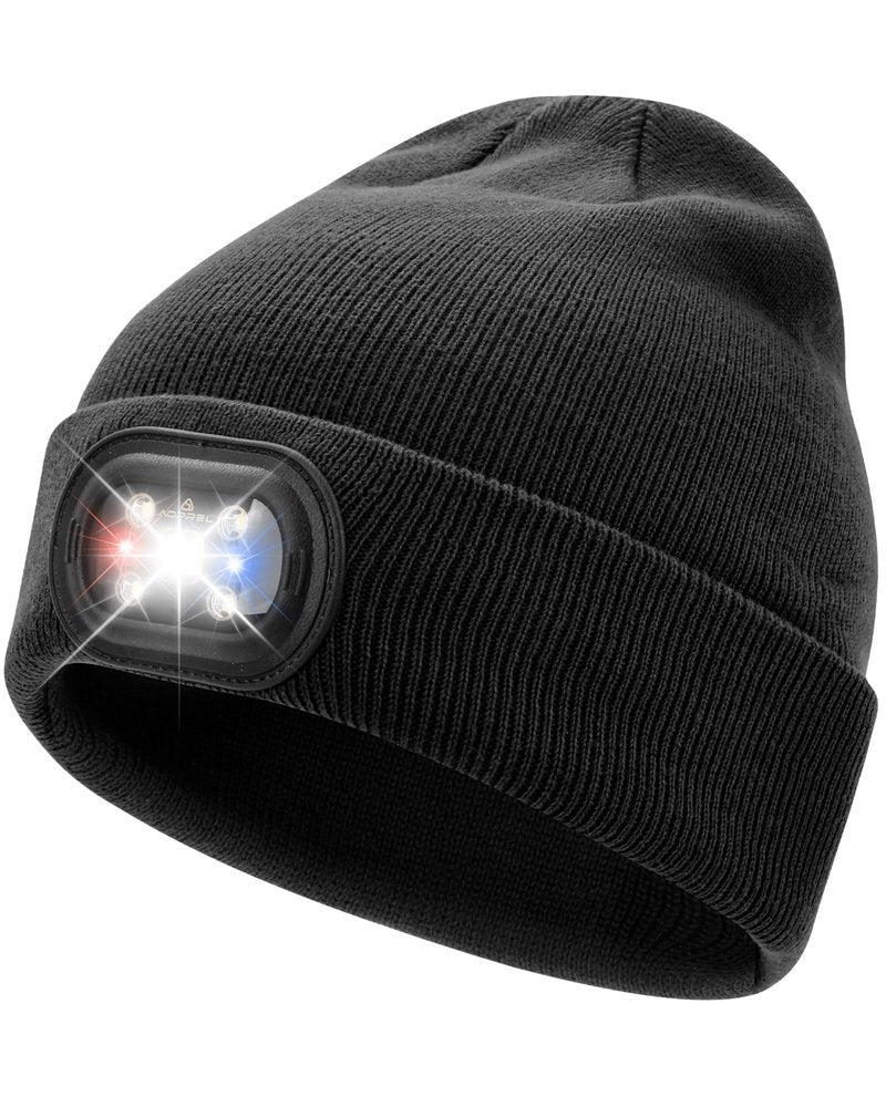 AOPREL Beanie with The Light, Unisex USB Rechargeable Headlamp Winter Knitted Cap for Men Dad Husband Black