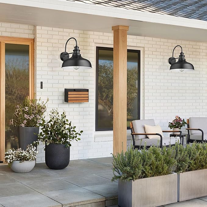 Bestshared Large Farmhouse Barn Lights 16 Inch Dome Outdoor Wall Lighting Fixture Industrial Wall Sconces Exterior Mount Lantern Light for Porch, Entryway, Garage(2Pack, Black+White)