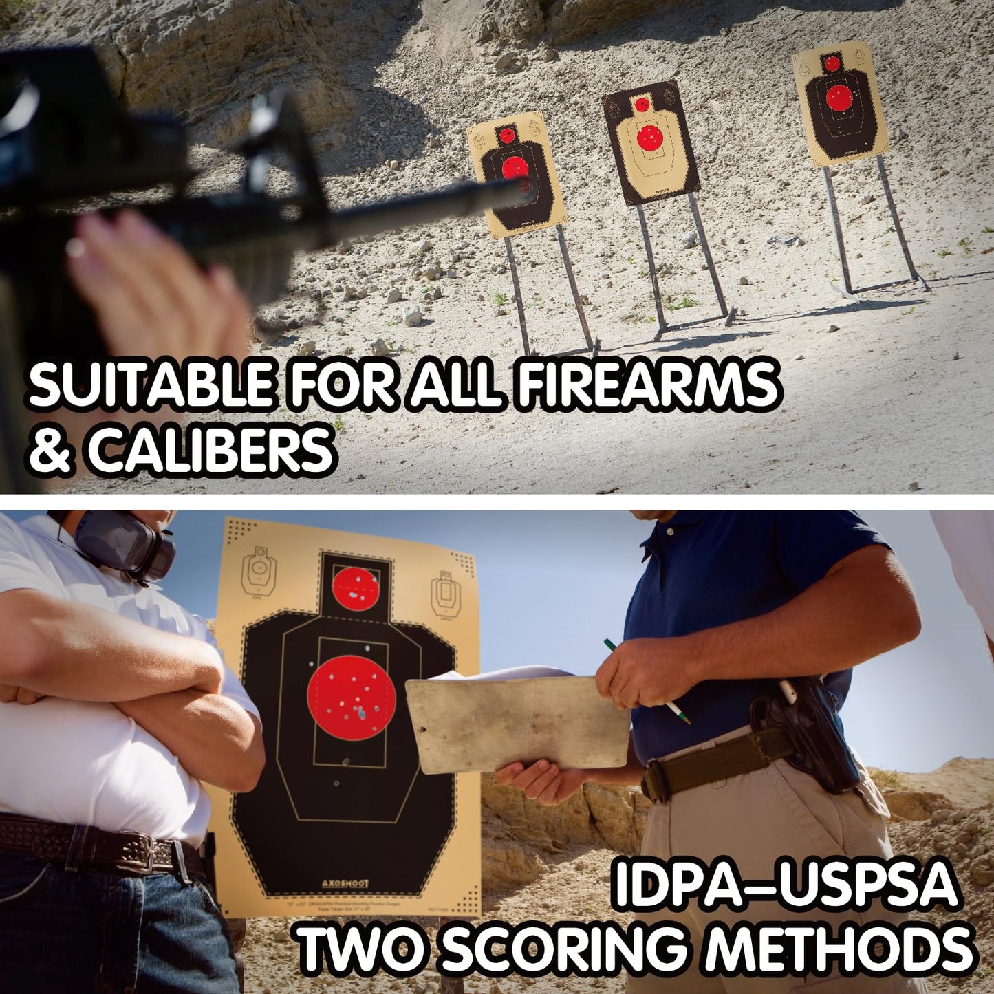 AXOSHOOT IDPA/USPSA Shooting Targets 17x25 Inch - 150gsm Kraft Paper with Black Background - 50/Pack Crease-Free Boxed Targets for Pistol, Rifle, Indoor & Outdoor Shooting Range
