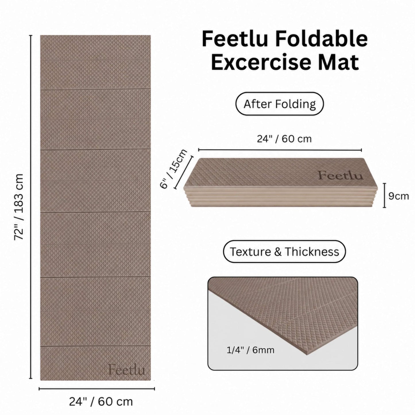 Feetlu Foldable Yoga Exercise Mat, 6mm/8mm/10mm/12mm Thickness, 72 x 24 Inch - Lightweight, Anti-Slip, and Easy to Store for Yoga, Pilates, Home Workouts, and Floor Exercises (Coffee 6mm)