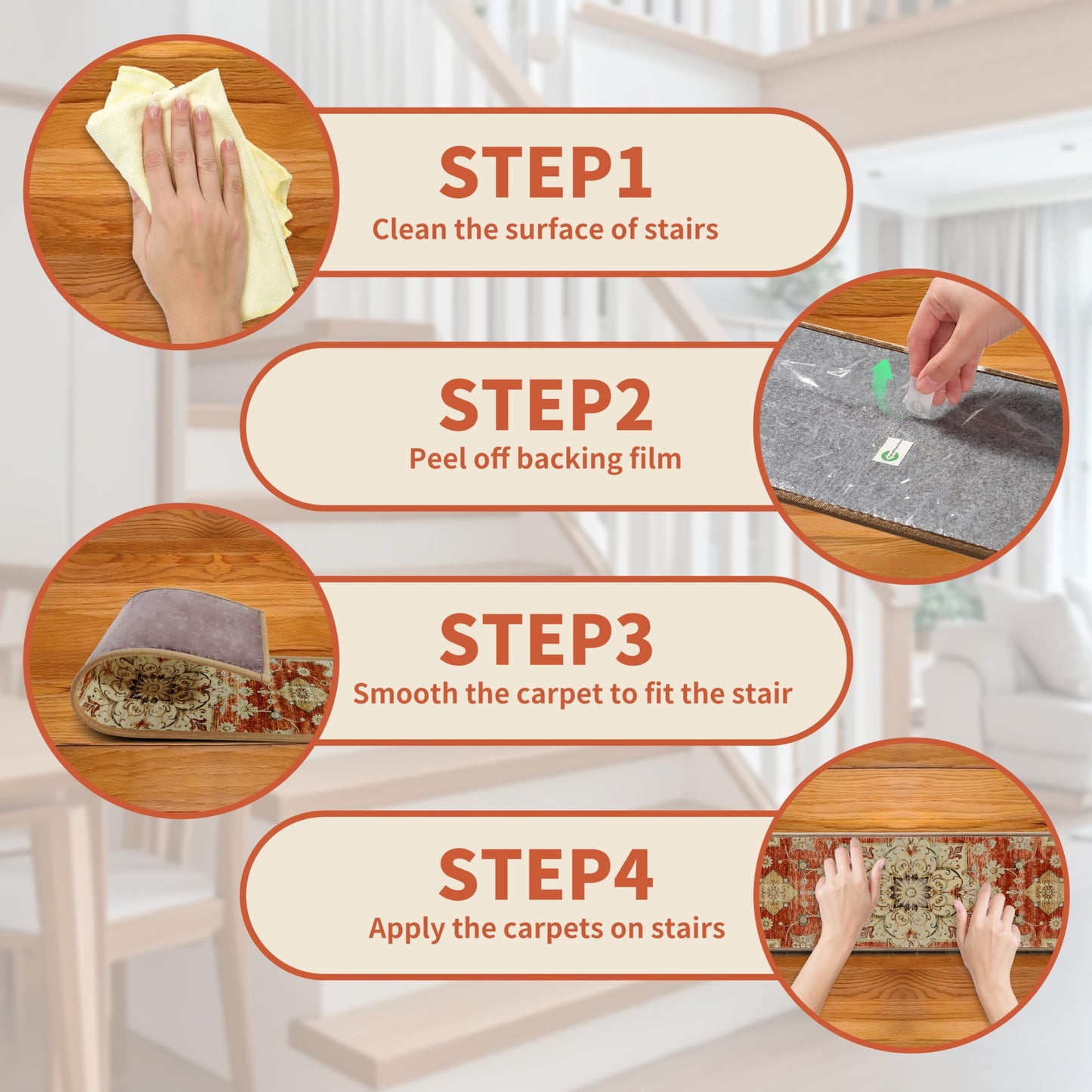 Non-Slip Stair Treads for Wooden Steps 15pcs,8"x30" Stair Carpet Treads for Indoor Use,Peel and Stick Stair Runners,Washable Reusable Adhesive Backing,Pet-Friendly Stair Capet for Kids,Elders,Dogs