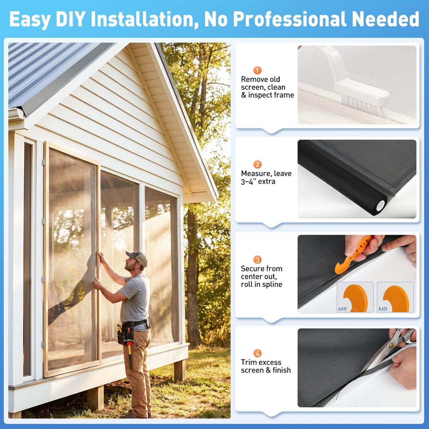 MAGZO Window Screen Replacement Mesh 48"W x 99"L - Pet Resistant Premium & Durable Polyester Screen Door Mesh, Allows Fresh Air In, DIY Repair Kit Includes Tool for Sliding Doors,Windows,Patio, Gray