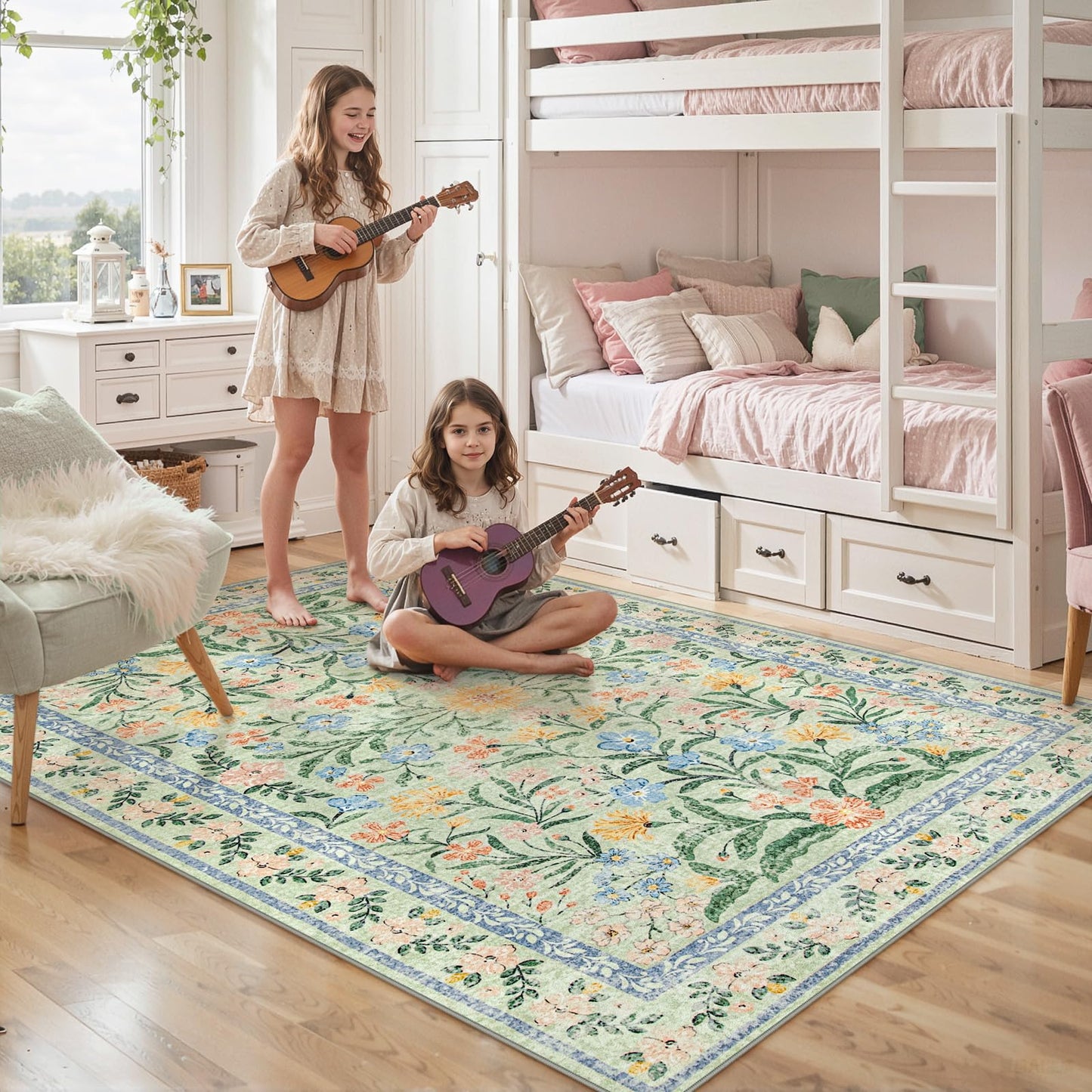 Lahome Sylvie Washable Green Rug, 5x7 Whimsical Floral Rug for Nursery, Boho Cute Bedroom Carpet for Playroom Baby Girl Nursery Classroom Decor, Green/Multi