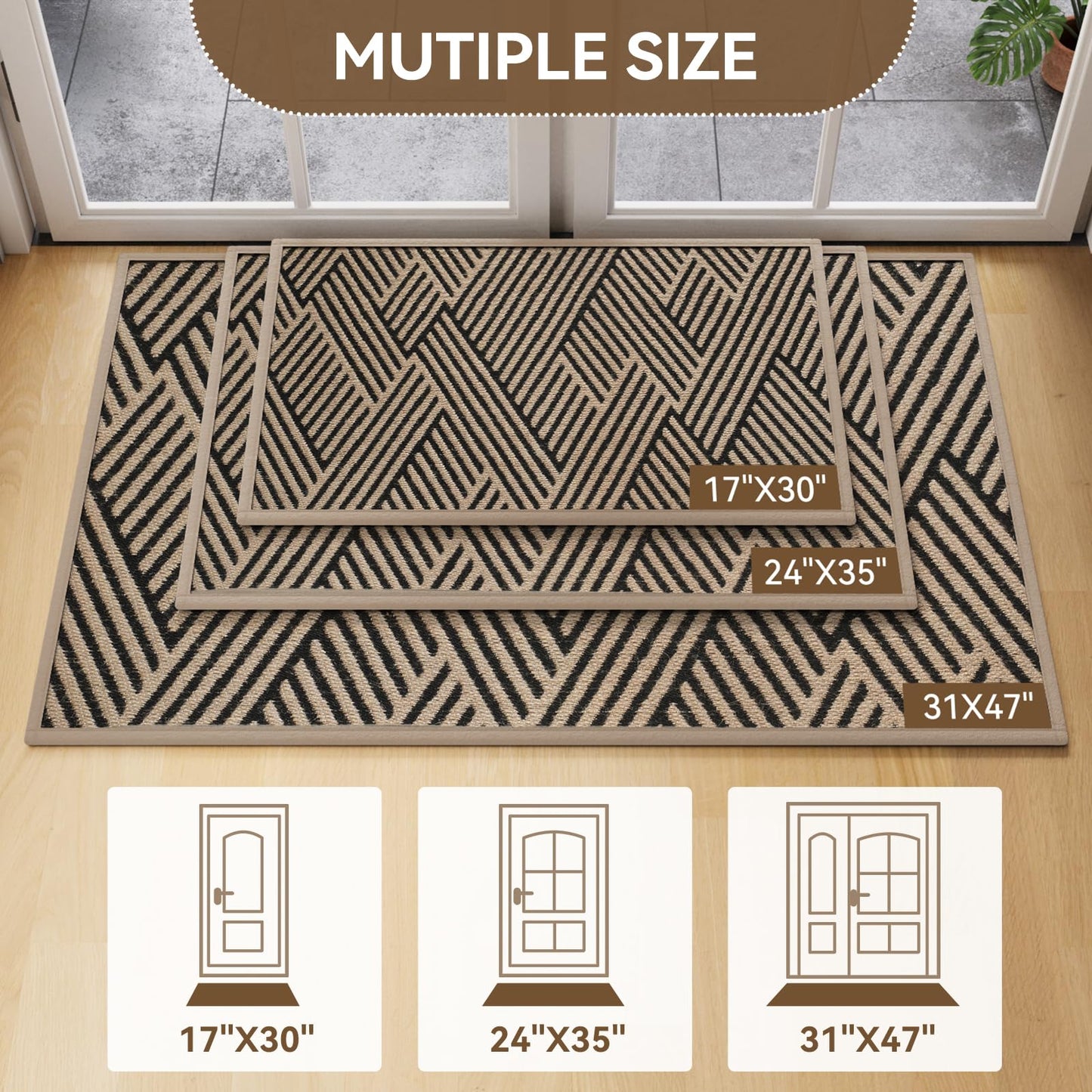 QiCaiJia Door Mat Indoor Outside Entrance 17"x30", Low-Profile Non Slip Outdoor Inside Doormat Entryway Mat, Dirt Resistant Absorbent Front Porch Welcome Entry Mats, Washable Easy Clean, Brown
