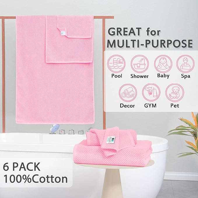 Pink Towels - 100% Cotton, Quick Dry, Lightweight, Towel Set of 6, 2 Large Bath