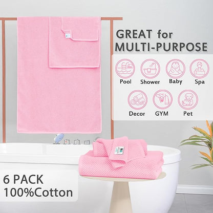 Pink Towels - 100% Cotton, Quick Dry, Lightweight, Towel Set of 6, 2 Large Bath