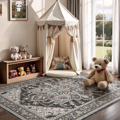 WITSHOCK Living Room Area Rugs 8x10: Washable Rug Boho Soft Non-Slip Low Pile Stain Resistant Foldable Carpet for Bedroom Playroom Dining Room Office Kitchen Farmhouse Home Decor Rug-Bitter Black