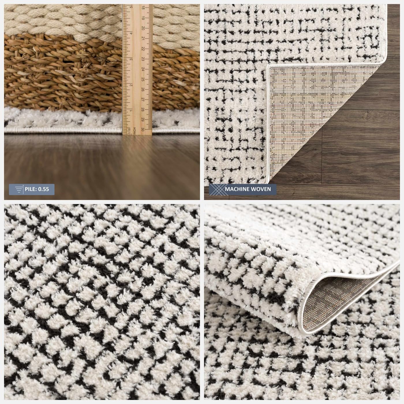 BoutiqueRugs Ivory Grid Contemporary Plush 5x7 Area Rug Black Checkered Mosaic Keita Living Room Bedroom Dining Room Home Office Apartment 5'3" x 7' Stain Resistant Non-Shedding Pet Friendly