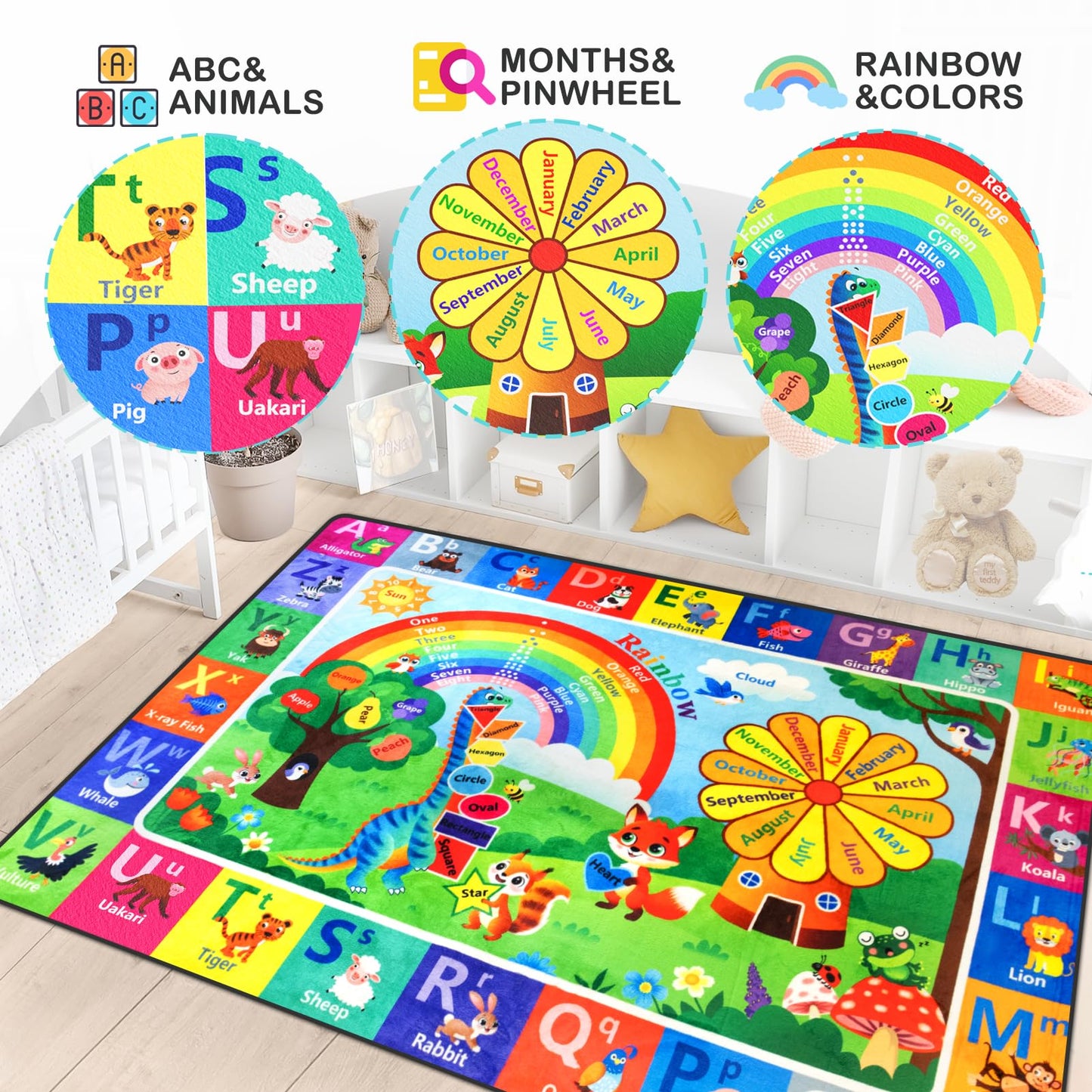 Diysani Kids Rug, Kids Carpet for Bedroom，Non-Slip Kids Playroom Rug, Washable Educational Rug for Learning Alphabet, Animals,3x5 feet