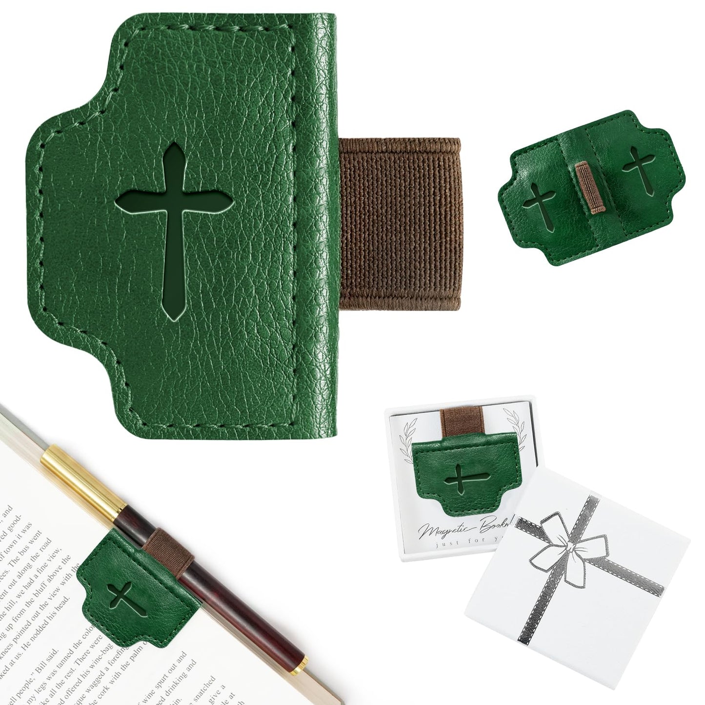 BygoneMark Magnetic Leather Bookmark with Pen Holder, Personalized Custom Initial Page Marker & Pen Clip, Professional Book Accessory for Students (Green-Cross)