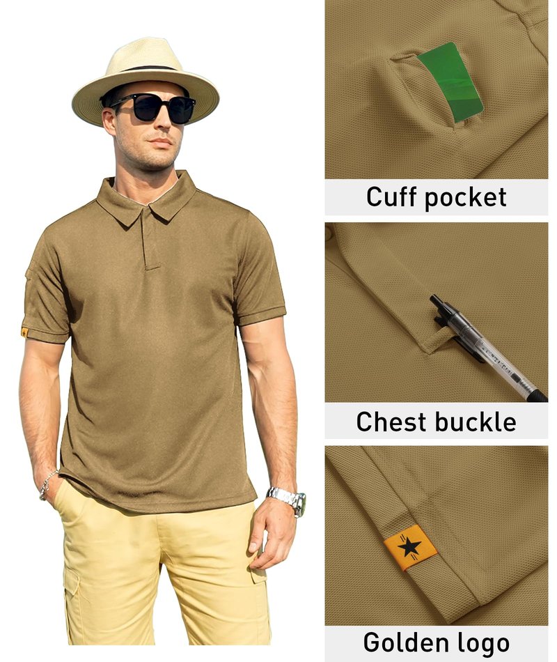 ZITY Mens Polo Shirt Short Sleeve Sports Tactical T-Shirt Athletic Golf Polos Daily Casual Stylish Collared Shirts for Men Khaki Medium