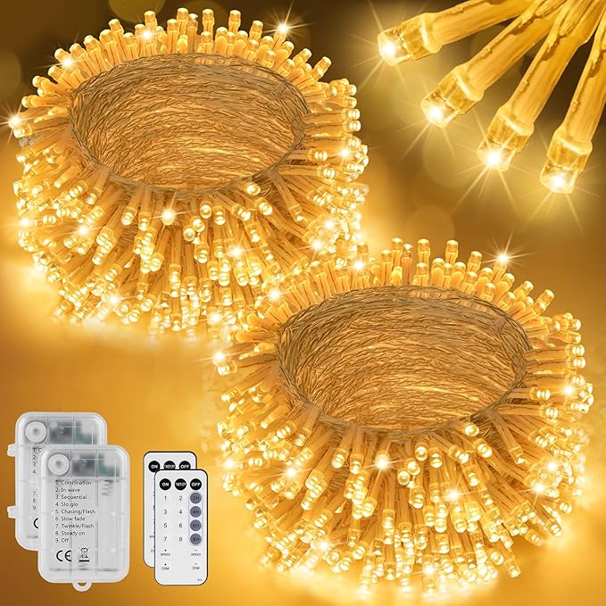 2 Pack 16.5Ft 100 LED Fairy Lights Battery Powered, Outdoor Waterproof Warm White String Lights with Remote, Dimmable Twinkle Lights for Bedroom Wedding Party Classroom Tree Christmas Decoration