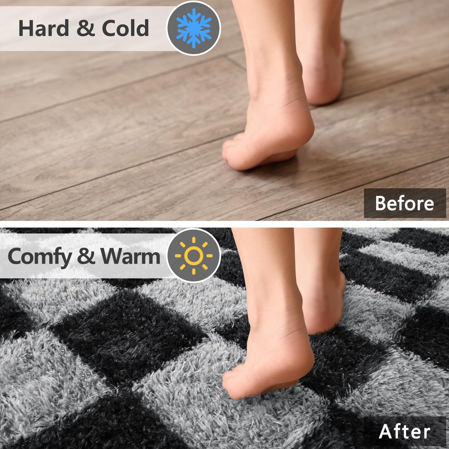 FALARK Rugs for Living Room Bedroom, 6x9 ft Black and Grey Checkered Area Rug, Fluffy Soft Washable Carpet, Modern Non-Slip Shag Carpets for Dorm Home Decor Aesthetic, Nursery, Playroom