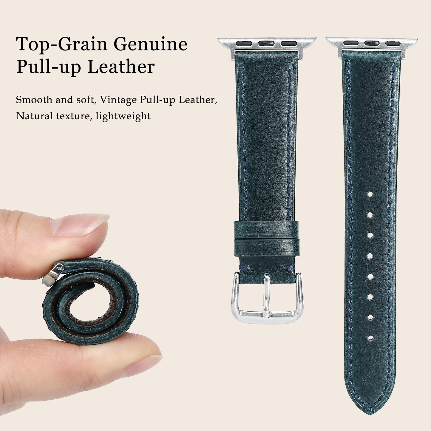Soft Top-Grain Leather Watch Band Men Women, Compatible with All Apple Watch Series, Breathable, Sweat-Resistant iWatch Strap