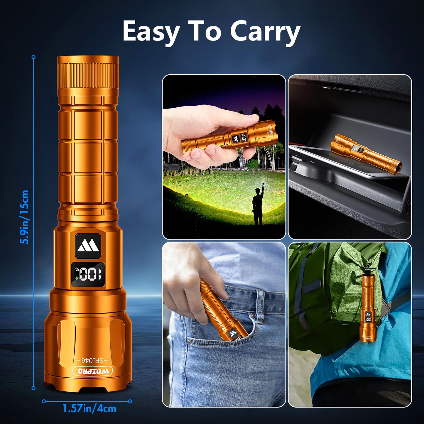 Wdtpro LED Rechargeable Flashlight 2 Pack, 3 Modes Super Bright High Lumens Flashlights, Zoomable Tactical Flash Light with LCD Display, IP65 Waterproof Flashlights for Home Emergency Camping - Orange