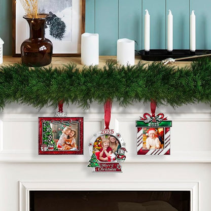 2025 Christmas Tree Ornaments Set 3 Pieces Picture Frame Ornament- Made of Zinc Alloy Glitter Powder Pendant 2.5 Inch Picture Frame for Pet and Baby Holiday Keepsake Gift(3 Pieces,2025)