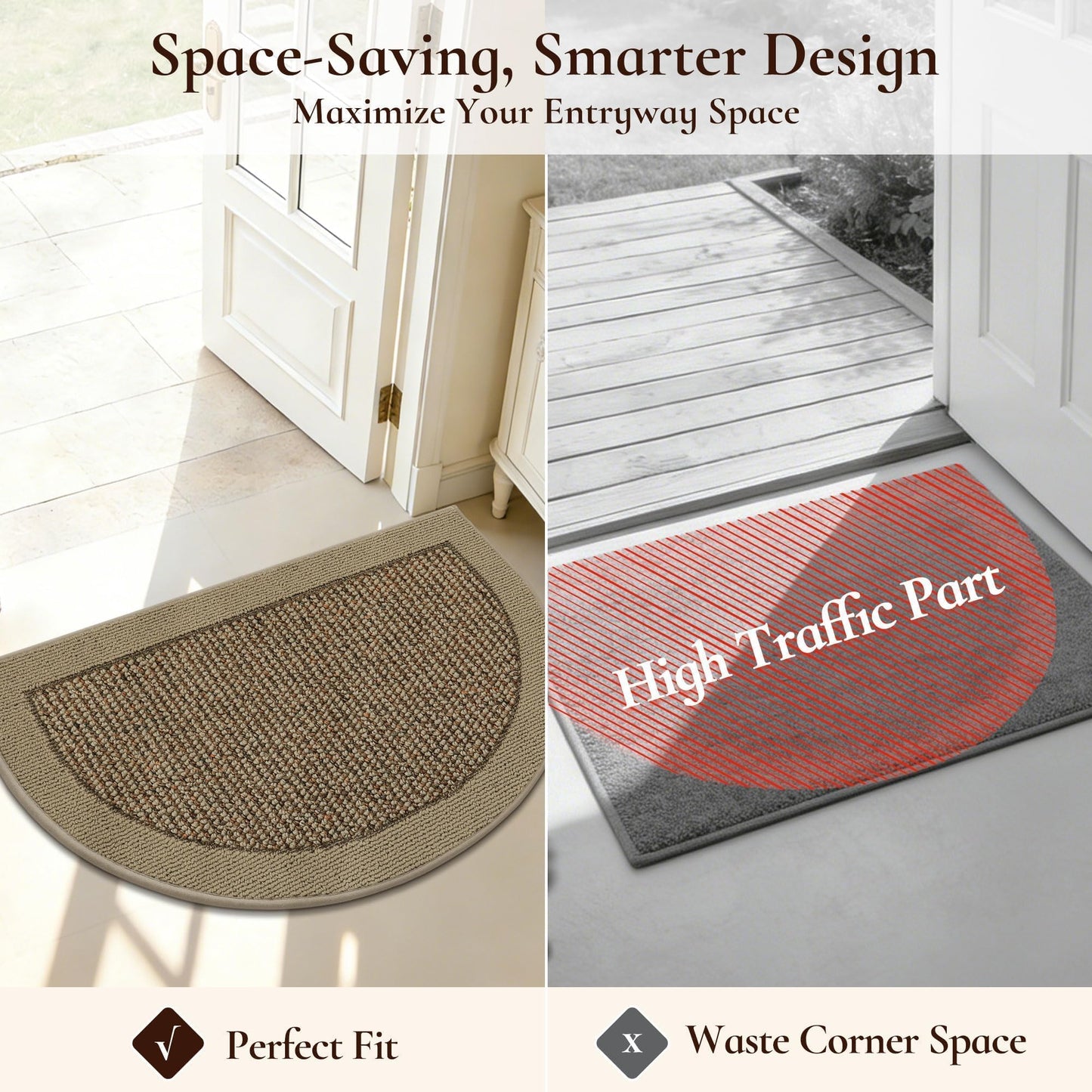 FLOORHUG Half Circle Door Mat Indoor Entrance Welcome, Non-Slip Washable Doormat, Trap Dirt and Moisture, Low Profile Mats for Indoor Entry, 17"x30", Beige