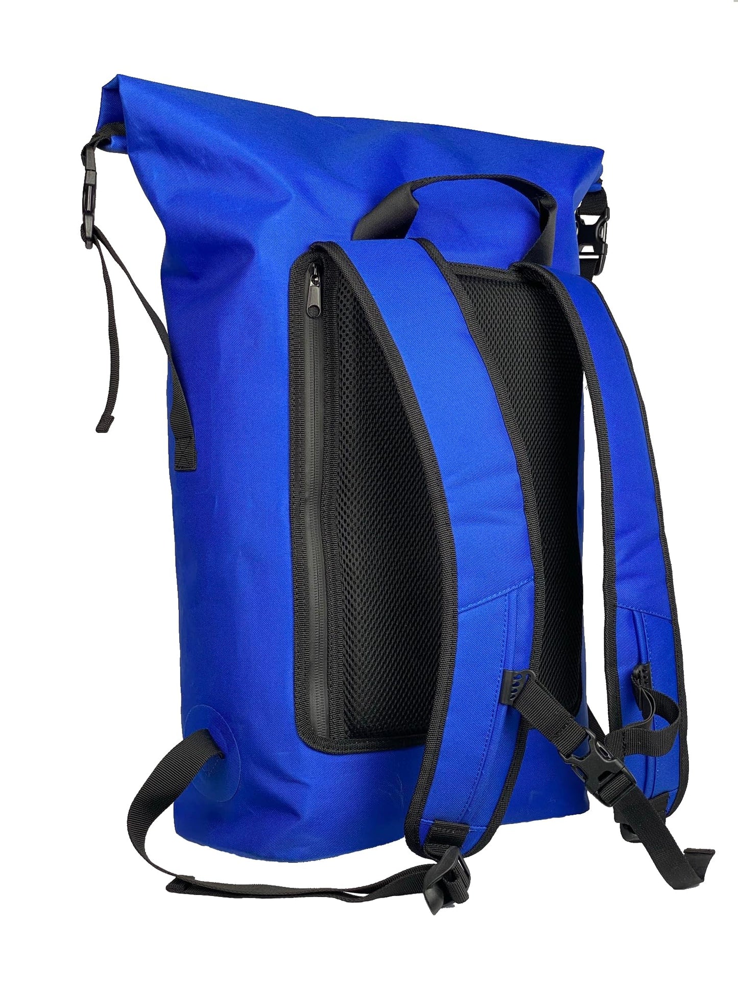 PUFFERFISH 35L Waterproof Roll-Top Beach Backpack - Sandproof Dry Bag Daypack for Beach, Pool, Boat & Travel - Padded Back & Straps, Multiple Pockets, Recycled Plastic, Blue