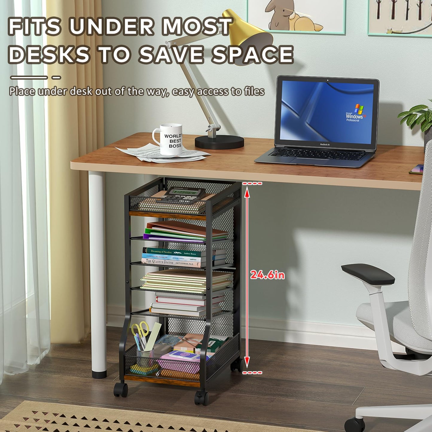 keomaisyto 6-Tier Standing File Organizer for Office Organization, Under Desk File Holder with Sliding Mesh Paper Letter Trays, Slim Rolling File Cart with Wheels for Home/Office/Study
