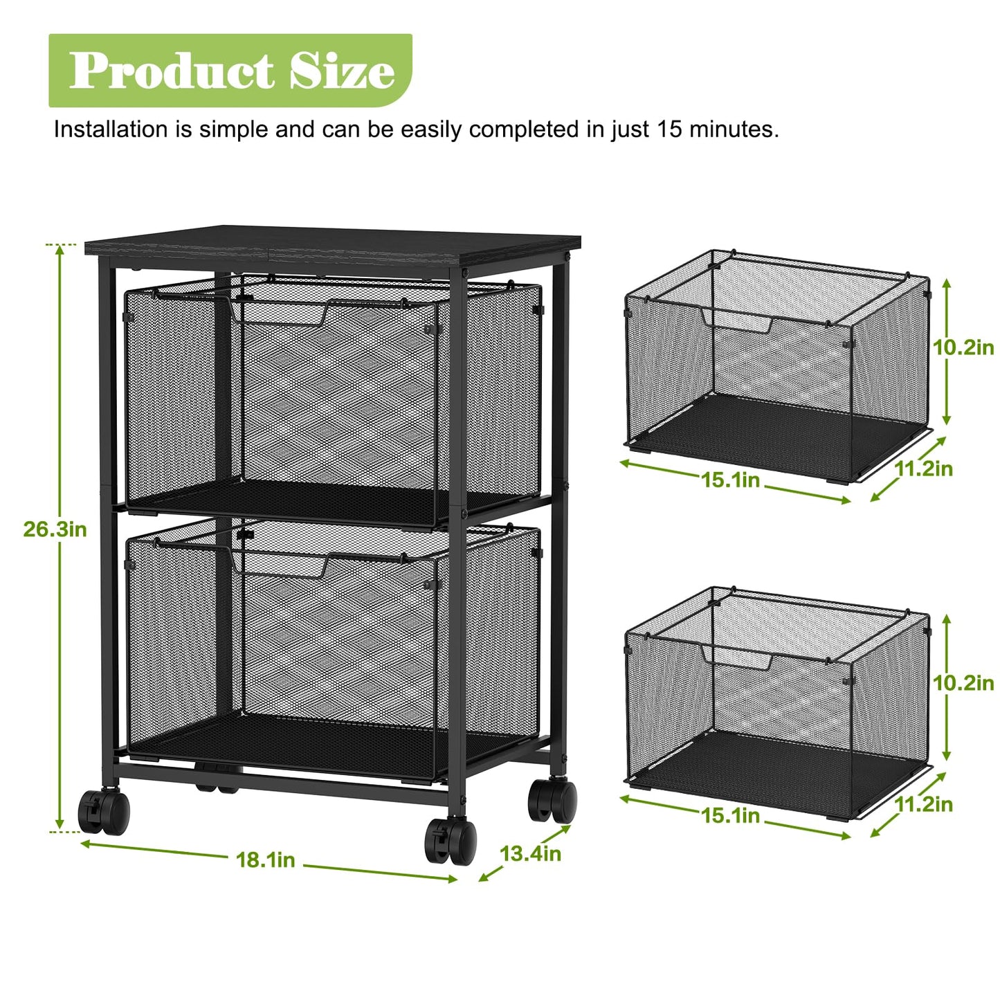 Sbanmao Letter/Legal Rolling File Cart with 2 Storage Drawers, Under Desk Storage, Vertical Filing Cabinet for Home Office, Hanging File Folders Organizer, Mobile Utility Cart Printer Stand, Black