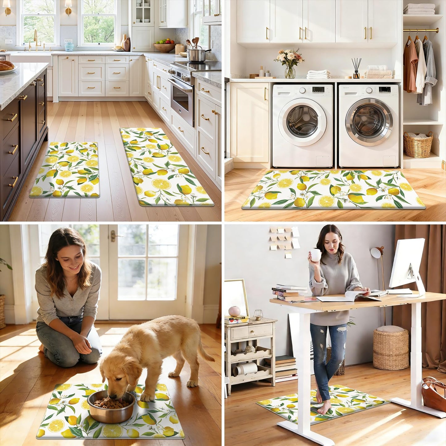 SHACOS Anti Fatigue Lemon Kitchen Rugs Mats Set of 2 Pieces Non Slip Soft Cushioned Wipeable Kitchen Mats for Floor Standing Mats, 17"x27.5"+17"x47", White
