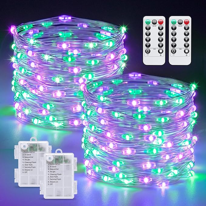 JMEXSUSS Copper String Lights, Purple and Green, 2 Packs, Total 66ft 200 LEDs