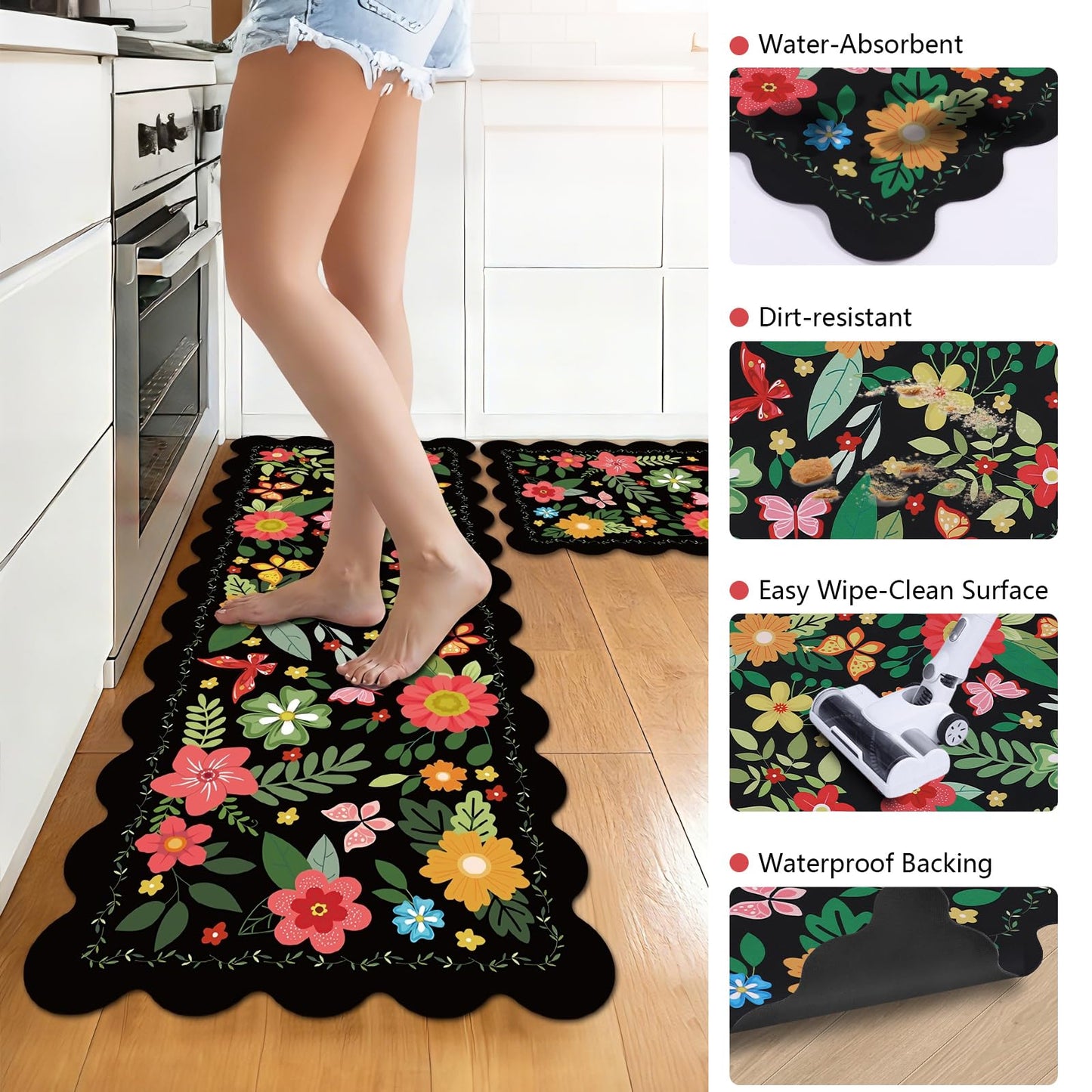 Black Kitchen Mats for Floor 3 Piece Set, Floral Scalloped Kitchen Rugs and Mats Set, Soft Cushioned No-Slip Resistant Kitchen Mats for Floor, Washable Runner Rug for Kitchen Sink, Laundry, Office