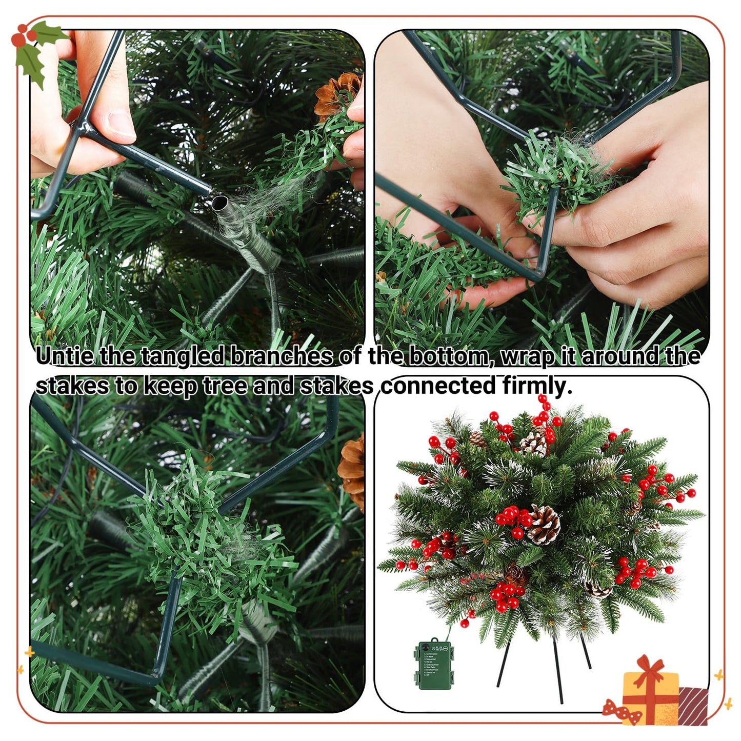 Juegoal 2 Pack Pre-lit Christmas Tree Urn Filler, Lighted Artificial Xmas Pine Trees with Tripod Stake, 8 Modes & Timer, Battery Powered Outdoor Light Up Planter Filler Festival Holiday Decor