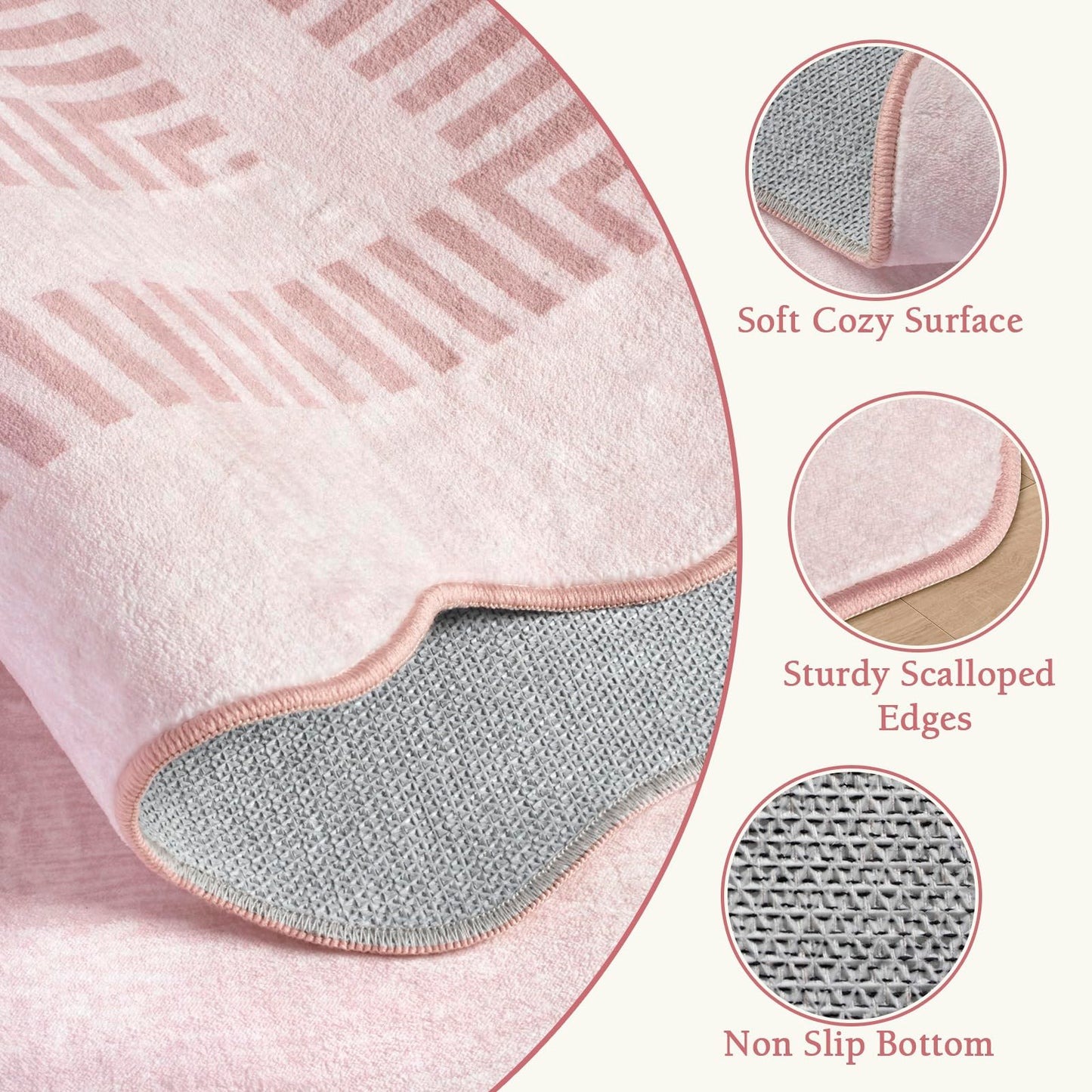 LORWER Washable 5ft Area Rugs for Living Room, Solid Pink Non Slip Rugs for Bedroom Girls, Stain Resistant Scalloped Soft Carpet for Nursery Dorm Dining Room