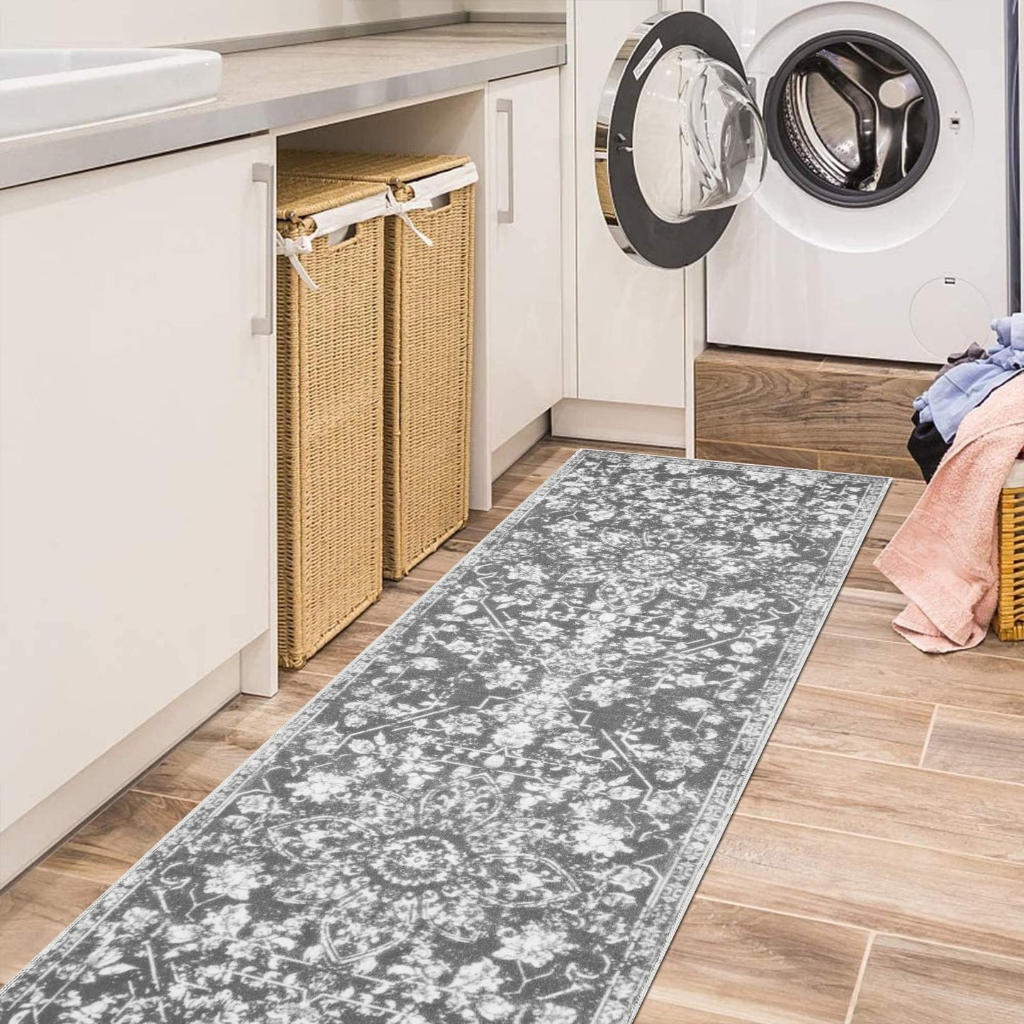 Pauwer Vintage Flower 2'X6' Runner Rug Distressed Runner Rug Non Slip Hallway Runner Washable for Kitchen Living Room Bedroom Entryways Hallways (Grey, 2'X6' Ft)