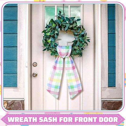 Wreath Sash for Front Door Wreath Satin Sash Blank Sashes Embroidery Monogram Yard Doorway Indoor Outdoor Wall Ribbon Bow Home Decor(Pastel,Easter Buffalo Plaid)
