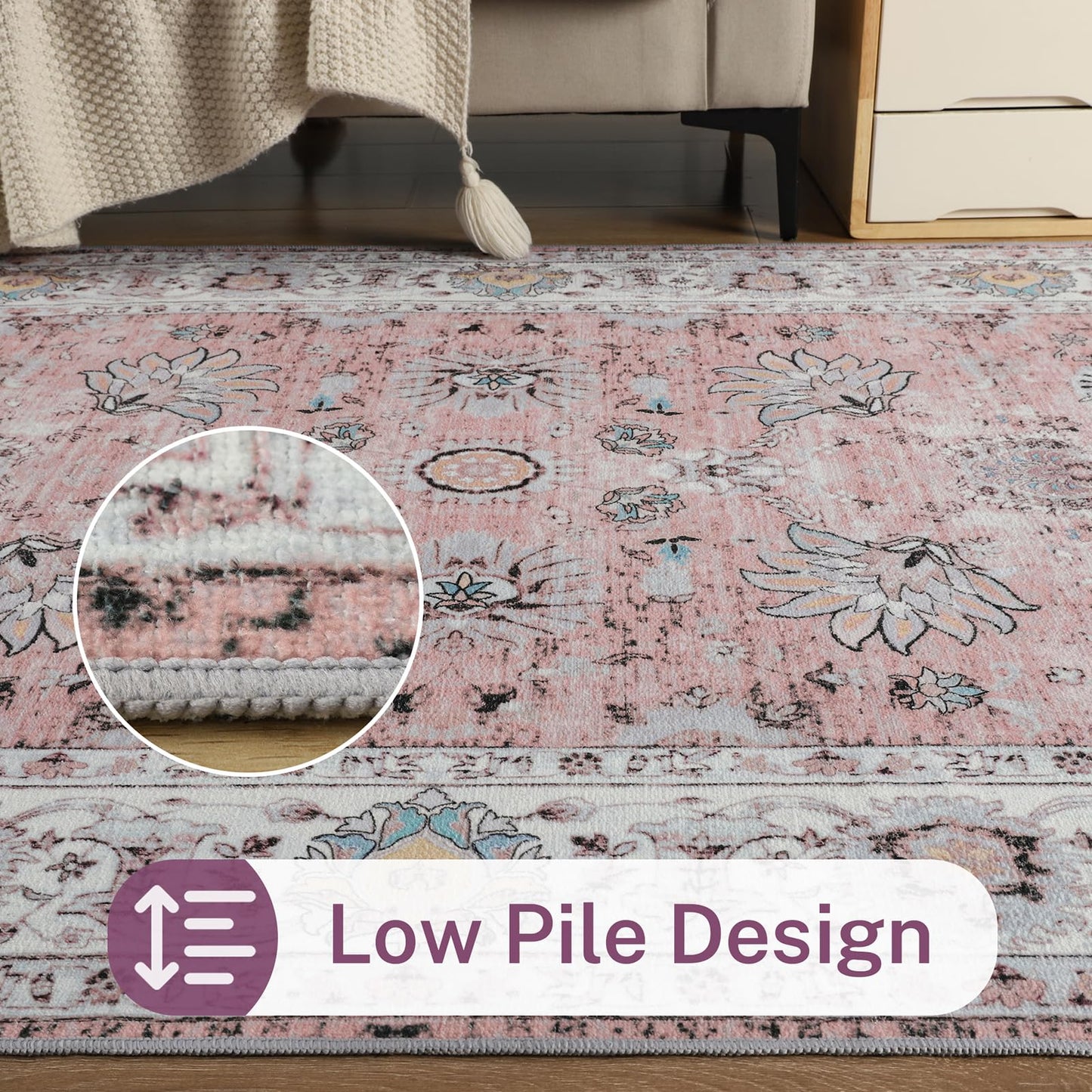 ULTSOFE Machine Washable Rug 4x6 Boho Area Rug, Pink Rugs for Bedroom Girls Bedside Living Room Dining Room Office, Anti Slip Low-Pile Stain Resistant Printed Vintage Floral Carpet Rugs