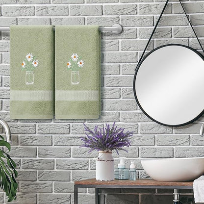 2 Pcs Daisy Flower Hand Towels Gray Green Bathroom Decor 14x29 Inch Embroidered