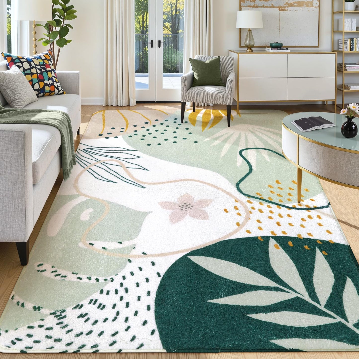 Lahome Green Washable Rugs 9x12 Living Room Rug, Non-Slip Backing Lightweight Extra Large Area Rug Ultra-Thin Throw Rus for Dining Room Table, Boho Botanical Print Soft Rug for Bedroom Classroom Home