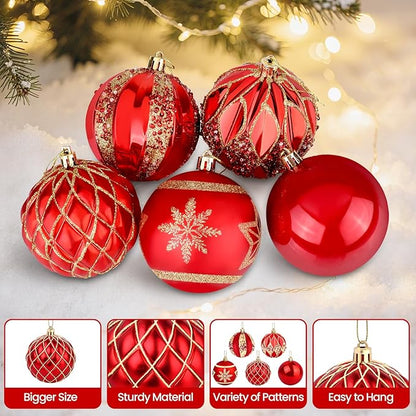 EveryMerry 12-Pack 3.1 Inch Christmas Ornaments Set - Red & Gold Ornament Balls with 5 Various Designs, Decorations with Strings, Sturdy, Kraft Box with Lid for Xmas Tree, Holiday Party & Home Decor