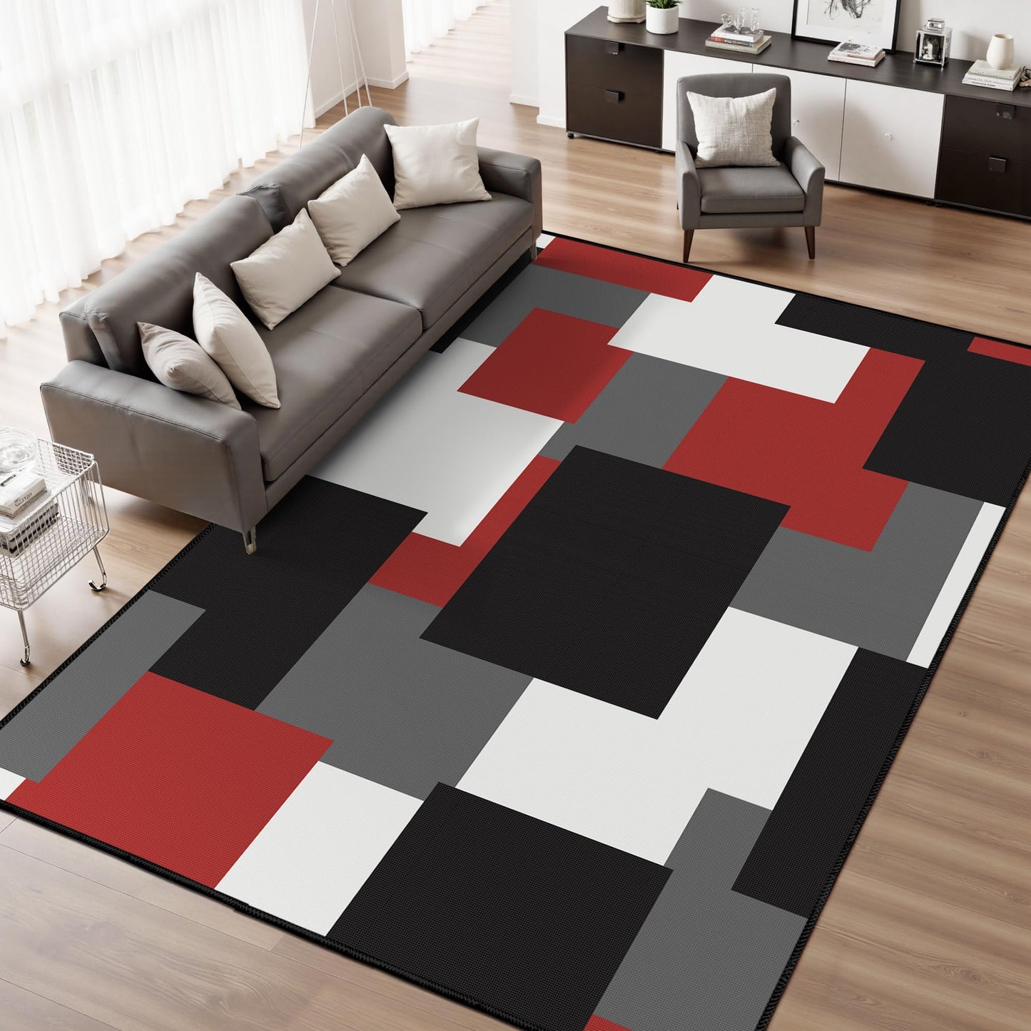 Tyrot Modern Geometric 8x10 Area Rugs for Living Room Ultra Thin Linen-Look Abstract Indoor Rug Non Slip & Non-Shedding Washable Red Grey White Rug for Bedroom, Dining Room Home Office