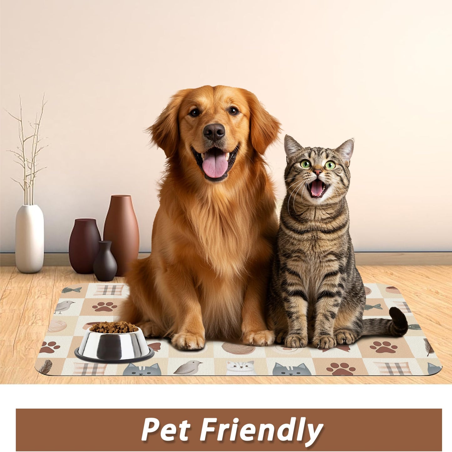 Cute Cat Toy Print Dog Food Mat for Floors,Absorbent Pet Food and Water Bowl Mats,Non-Slip Pet Feeding Mat,Pet Supplies 16" x 24"