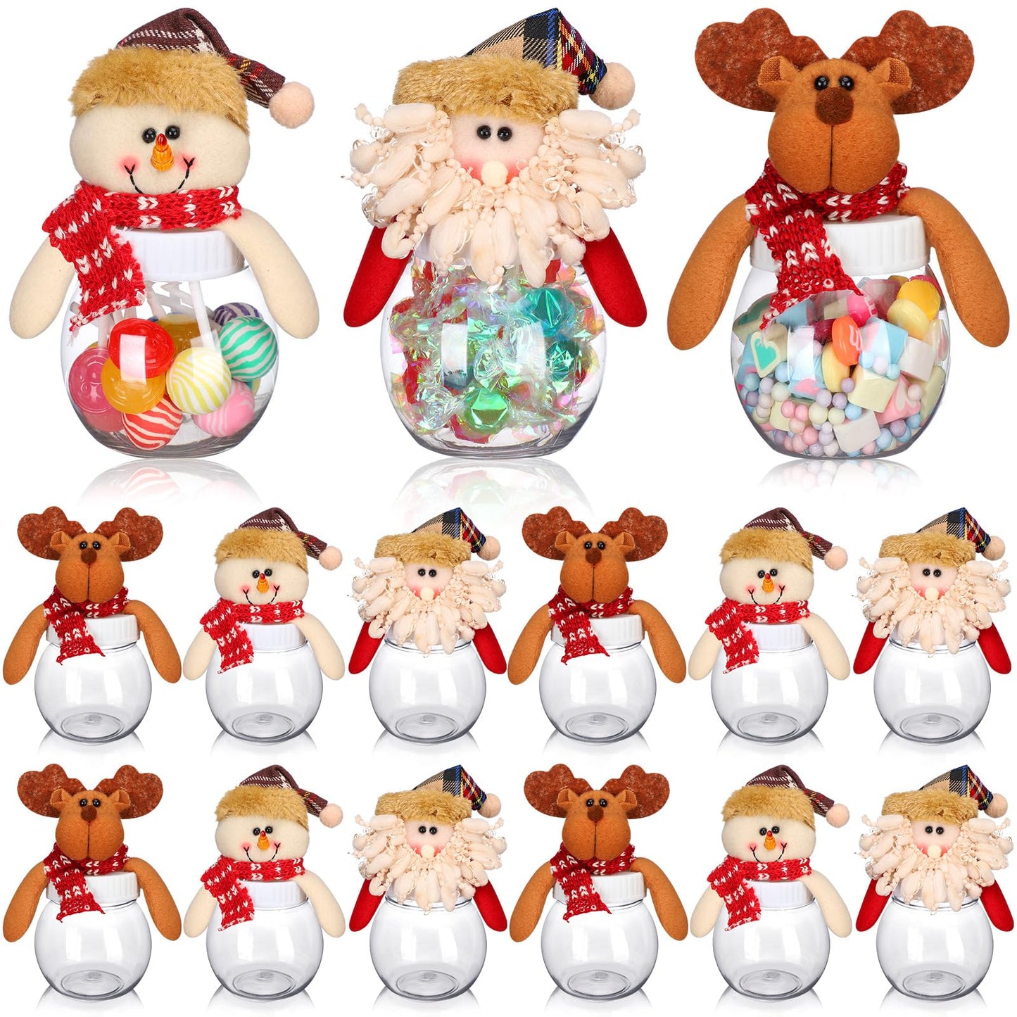 Reallnaive 12 Pcs Christmas Candy Jars with Snowman Santa Elk Lid 5.91 x 3.1 Inch Plastic Clear Christmas Cookie Chocolate Jar Xmas Snack Food Storage Container for Gifts Holiday Party Favor Supplies