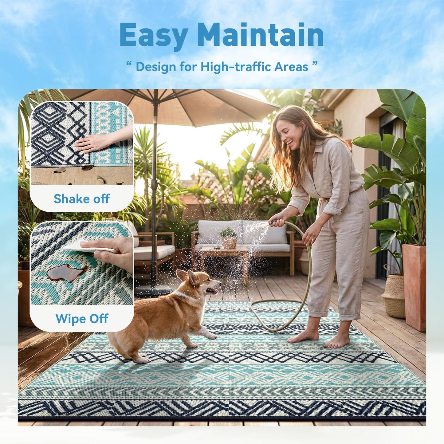 MontVoo Outdoor Rug Carpet Waterproof-Patio Rug Mat 5x8 Reversible RV Outdoor Camping Rugs Picnic Beach Mats Plastic Straw Outside Rugs for Balcony Porch Pool Deck Boho Patio Decor