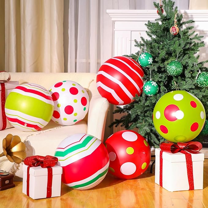 12 Pcs 24/16 Inch Giant PVC Christmas Inflatable Ball Outdoor Blow up Xmas Inflatables Ornaments Giant PVC Christmas Ornaments for Tree Yards Lawns Porch Garden Front Doors Holiday Decor(24 Inch)