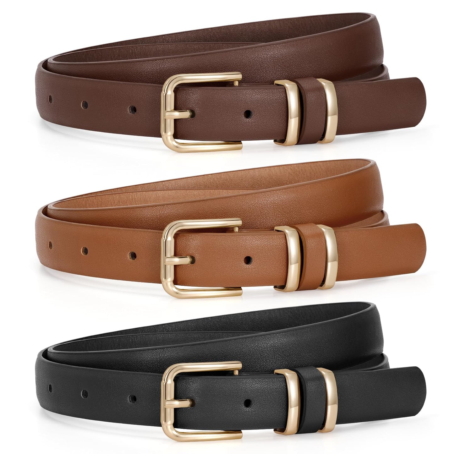 JASGOOD 3 Pack Chocolate Brown Belts for Women Leather Belts for Jeans Pants Ladies Waist Belt Fashion Chocolate Brown Belt with Gold Buckle