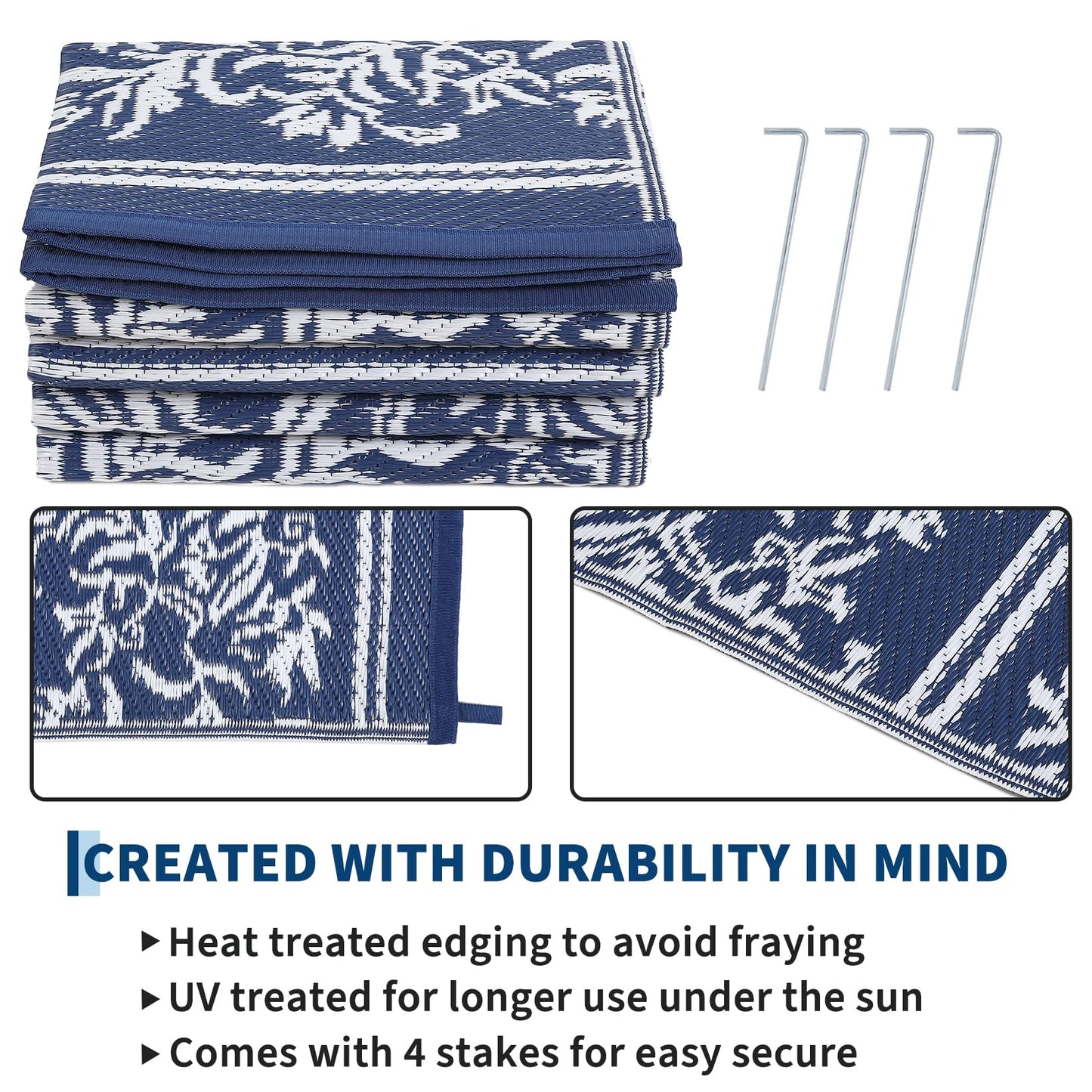 Garvee Outdoor Rugs 5x8 Waterproof Reversible Mat Boho Leaf Patio Rug with 4 Stakes and Starage Bag, Large Outdoor RV Mat Rugs for Camping, Picnic, Balcony, Deck, Backyard, Navy Blue & White