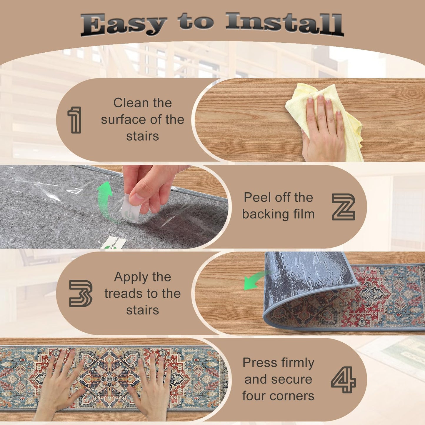 Non-Slip Stair Treads for Wooden Steps 15pcs,8"x30" Stair Carpet Treads for Indoor Use,Peel and Stick Stair Runners,Washable Reusable Adhesive Backing,Pet-Friendly Stair Capet for Kids,Elders,Dogs