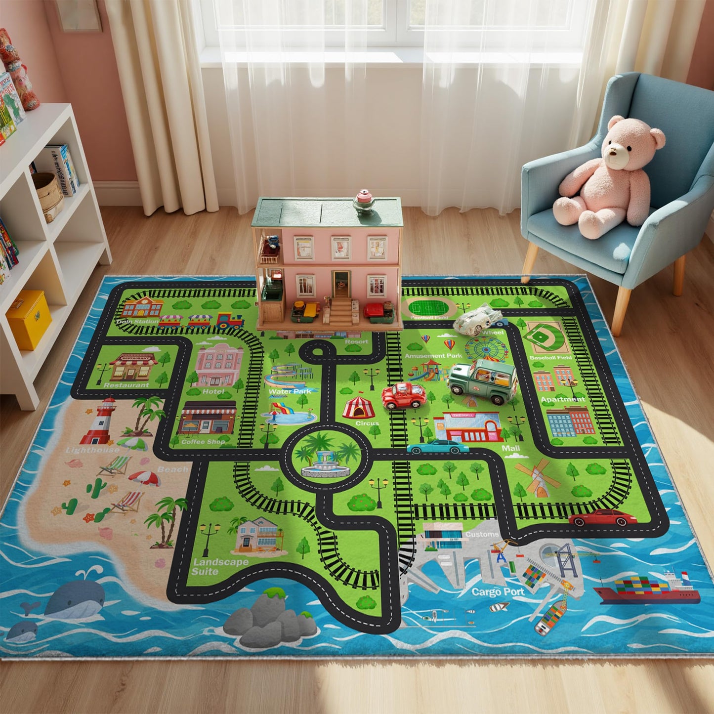 5x7ft Kids Island Train Car Play Rug - Non-Slip Faux Wool Carpet with Interactive Island Map Design, Educational Toy Vehicle Mat for Kids, Bedroom Playroom Nursery Gift.