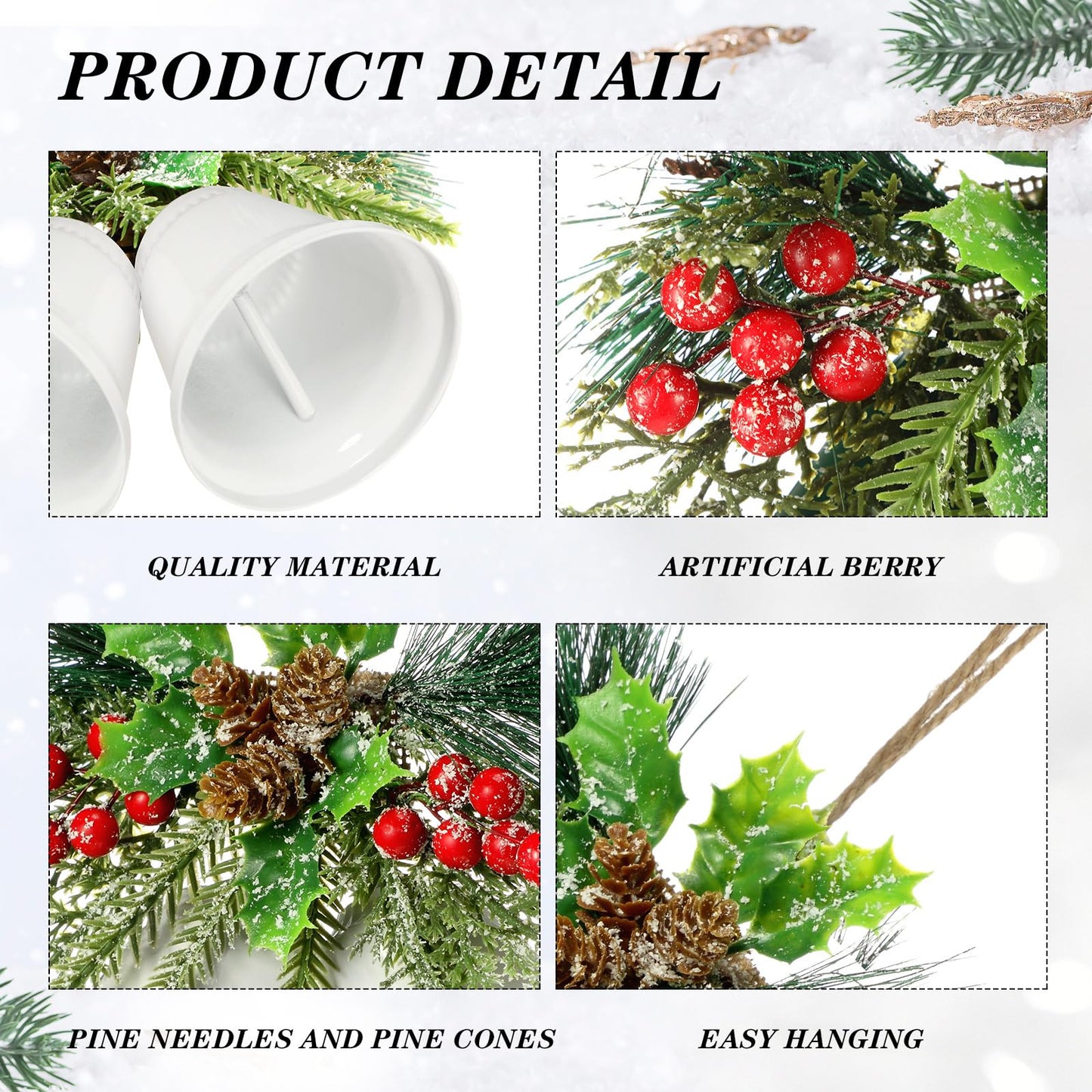 Tioncy Christmas Bell Hanging Ornaments 8.7" Large Rustic Metal Bell Decoration Xmas Hanging Decorative Bell with Red Berry for Christmas Wreath Tree Door Decor(White,4 Pcs)