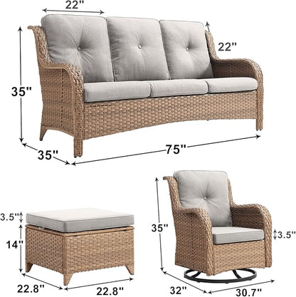 Rilyson Patio Furniture Swivel Chairs Set - 7 Piece Wicker Rattan Outdoor Sectional Conversation Sets with 4 Swivel Rocking Chairs,2 Ottomans and 1 Sofa for Porch Deck Garden(Yellow/Beige)